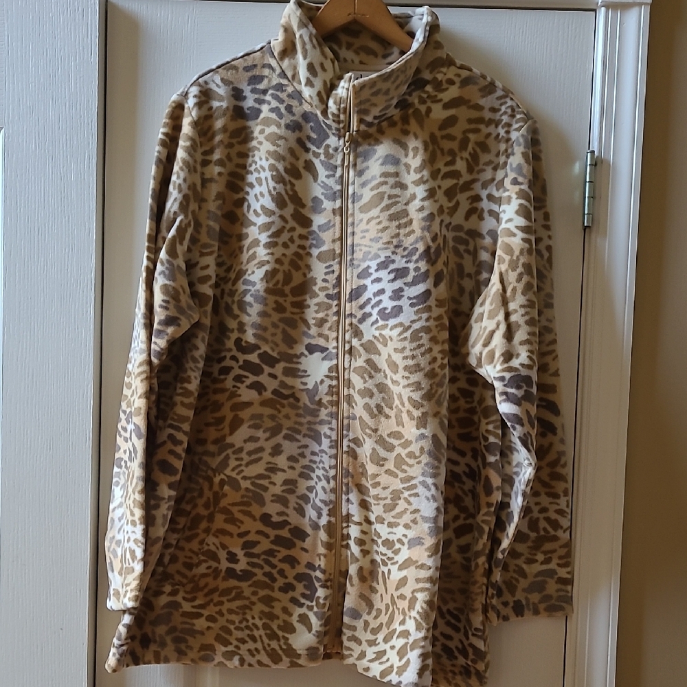 Denim & Co NEW IN BAG Size 2X Brown Leopard Print Zipper Fleece Jacket